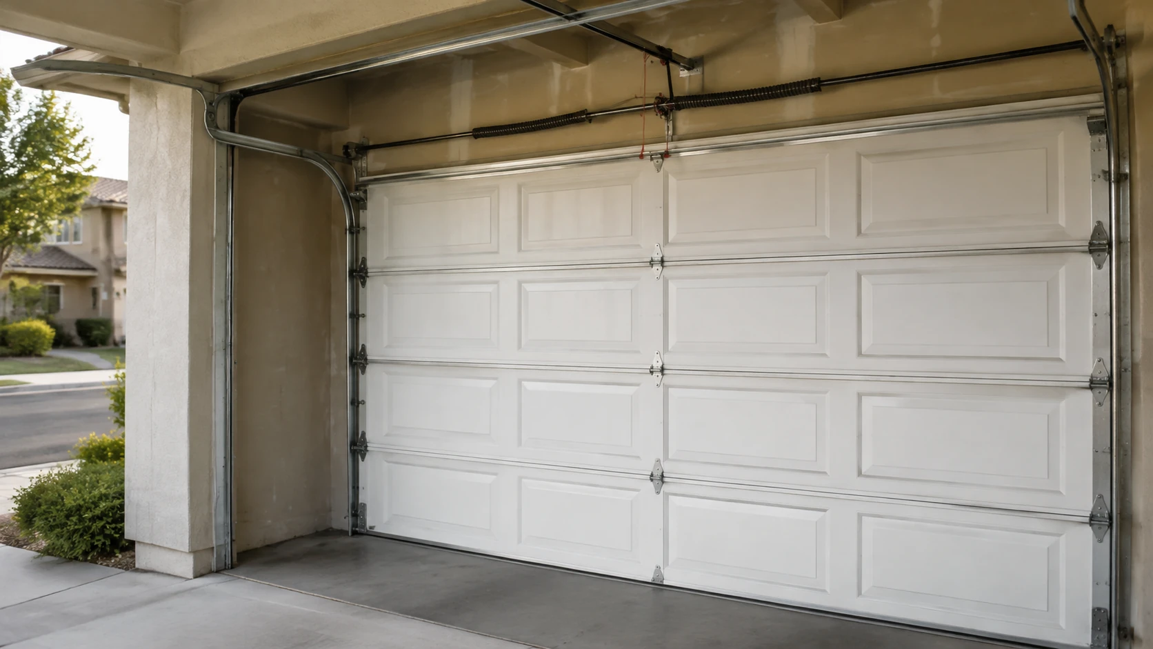 Fremont residential garage door tracks, rollers, spring bar, and sectional door hardware.